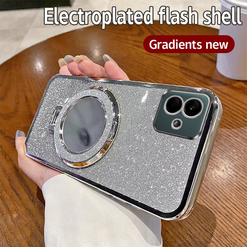 For Samsung A04 Luxury Electroplated Glitter Mirror Phone Case For Samsung Galaxy A04S Shockproof Magnetic Stand Cover A04E Case