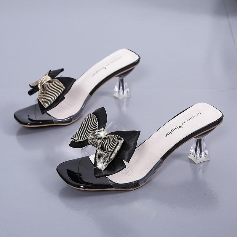 

Женские шлепанцы, женская обувь на необычном высоком каблуке, однотонные летние шлепанцы с узлом бабочкой и кристаллами, большие размеры 40 чёрный
