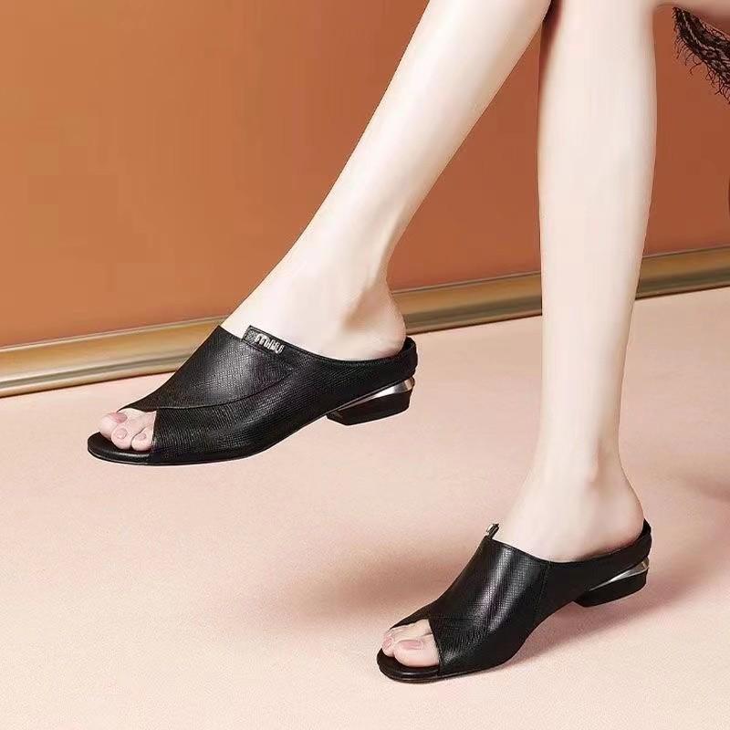 Sandale de vară pentru femei din piele moale cu toc gros: Papuci de exterior cu degete descoperite