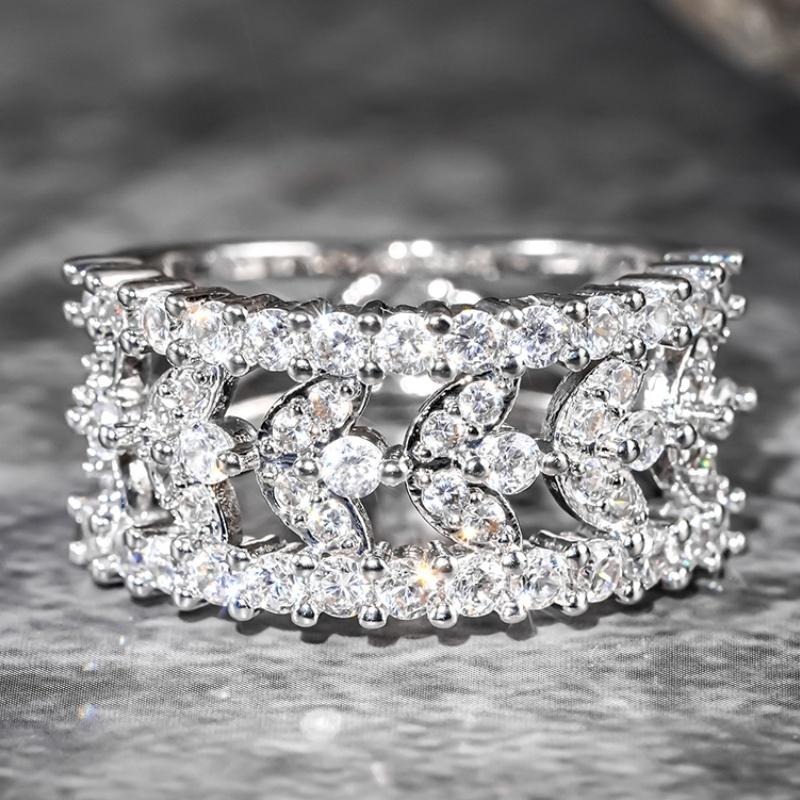 Huitan Delicate Hollow-out Pattern Cubic Zirconia Rings Charming Wide Modern Graceful Accessories Chic Wedding Party Jewelry