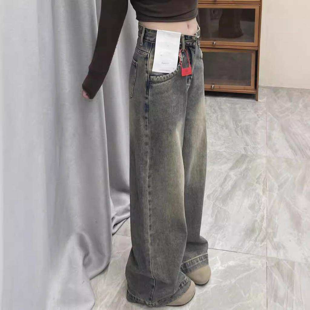 Retro Drape Wide-leg Jeans Women's Spring and Autumn High Waist Loose Mopping Straight Versatile Pants Look Thin and Tall