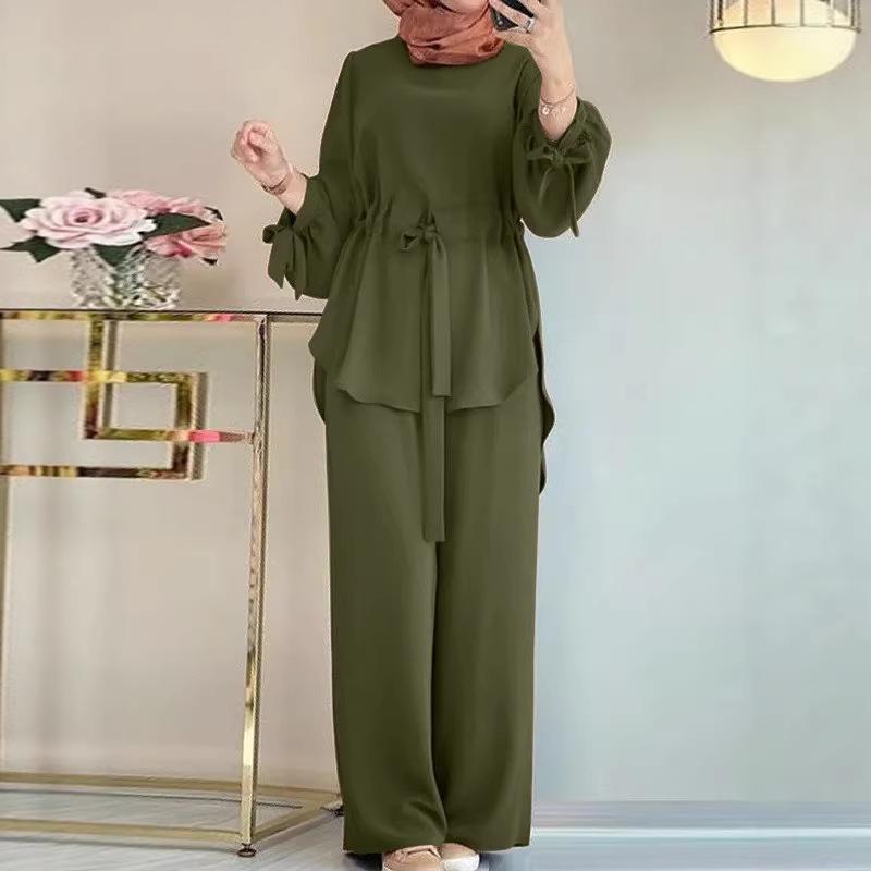 Dámský dvoudílný outfit Dlouhý rukáv Kulatý výstřih Stahovací šňůrka Blůza Vysoký pas Široké kalhoty Elegantní Jednobarevný Ležérní oblek Pro muslimské ženy ze Středního východu