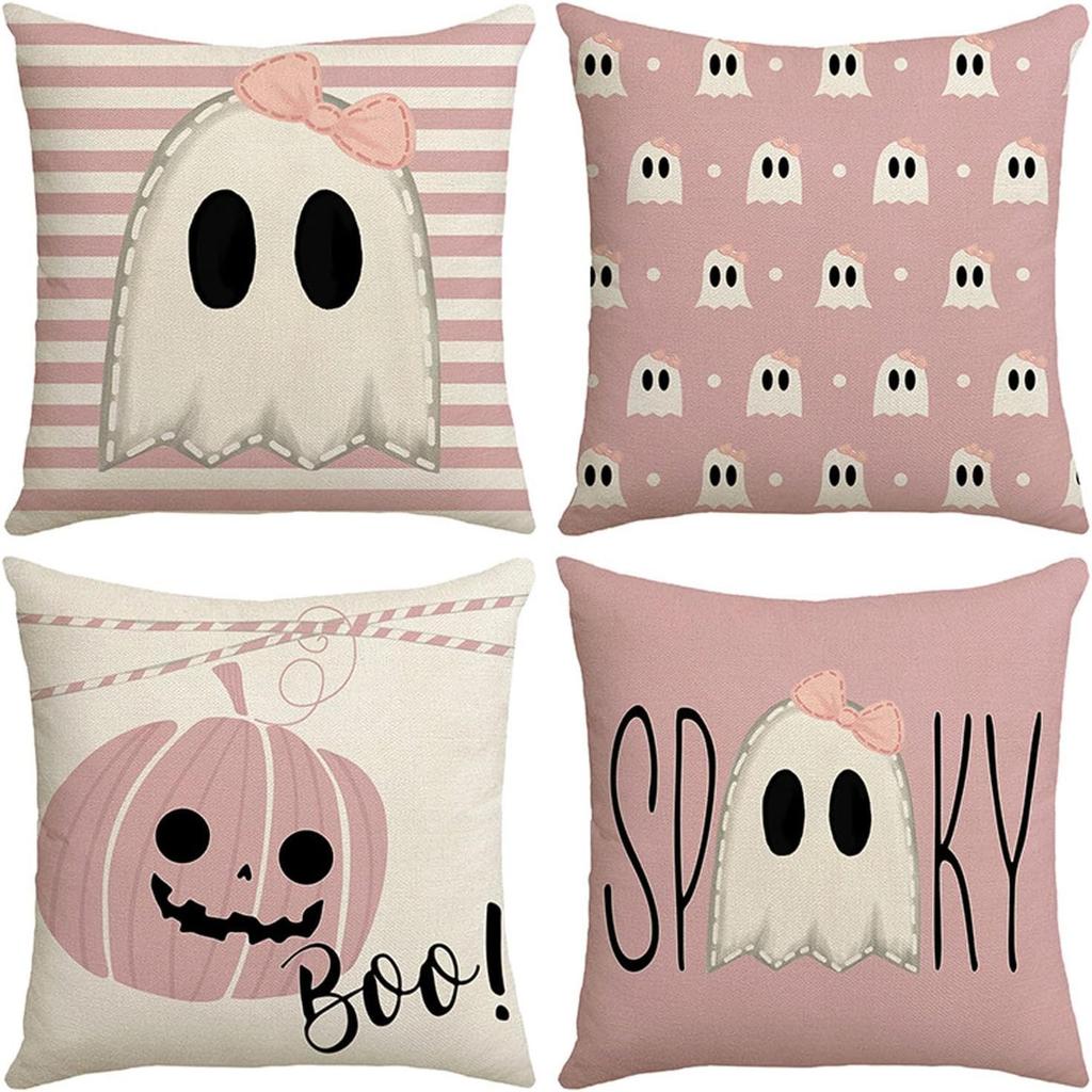 Adorable Pink Halloween Pillowcases: Ghosts, Pumpkins, And Spooky Vibes! Sofa Cushion Cover, Holiday Party Decoration, Gift