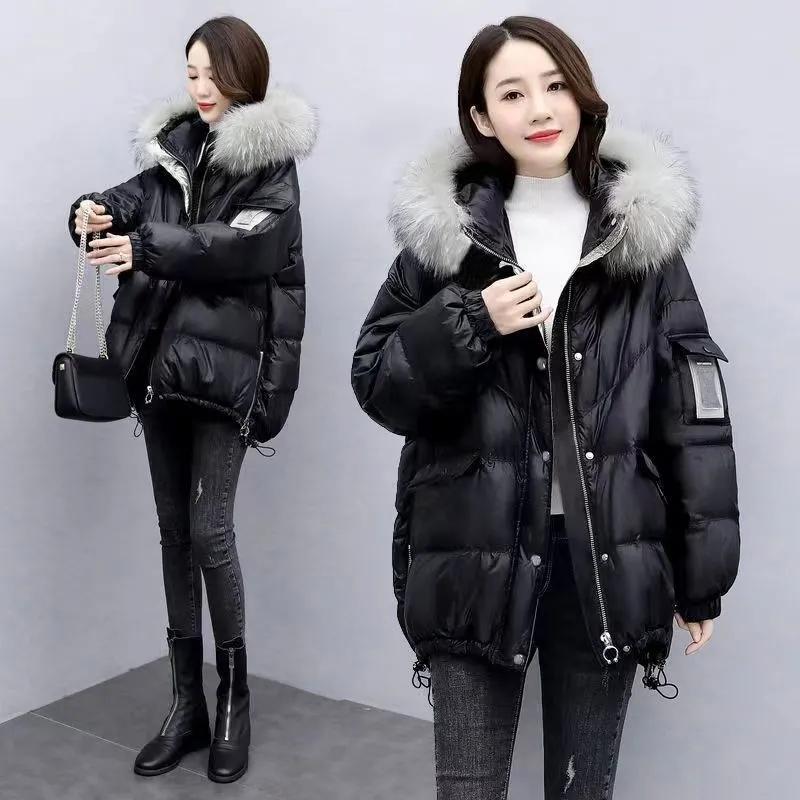 Zimní Volný Dámský Zateplený Parka Puffer Kabát Ležérní Nošení Teplá Bunda z Prachového Peří a Bavlny s Velkým Kožešinovým Límcem Kabát s Kapucí