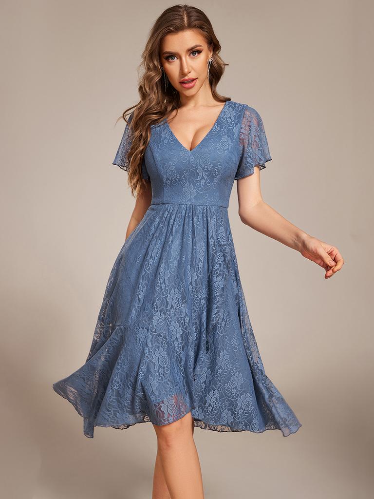 Ever-Pretty Women's V-Neck Short Sleeve Ruffled Lace Lotus Hemline Midi Wedding Guest Dress