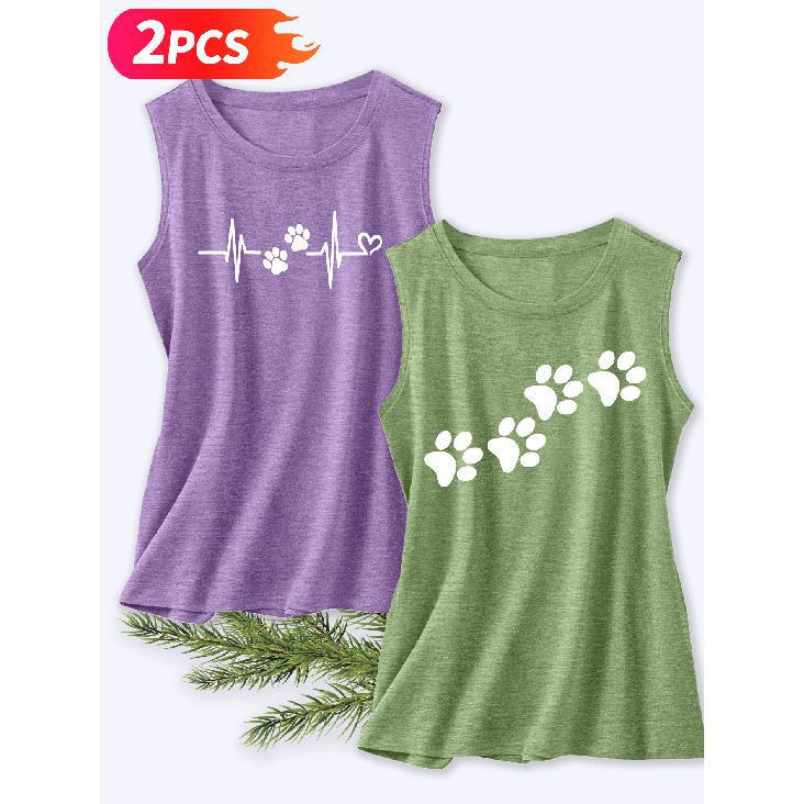 Follow a Specific Direction Two-piece Women's Vest Set Pet Paw Print ECG Print Elegant Summer Party Outfits Sleeveless Vest Essential Fashion Items