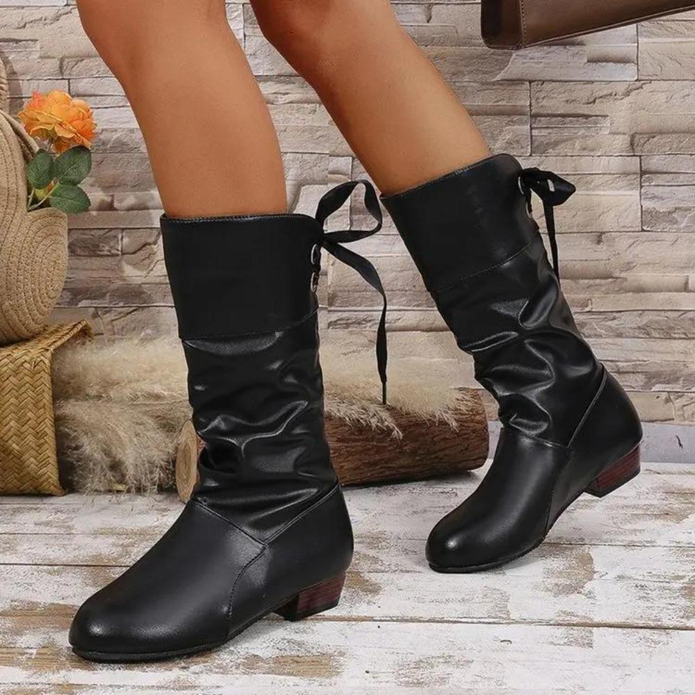 Shoes For Women  Spring Knee High Boots Red Black White Tall Boots Woman Pleated Low Heel Casual Leather Female Long Shoes