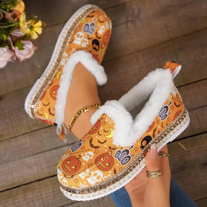 Fashion Halloween Flats Women Shoes Random Print Fur Warm Loafers 2025 New All Saints' Day Party Casual Cozy Cotton Shoes Mujer Zapatos