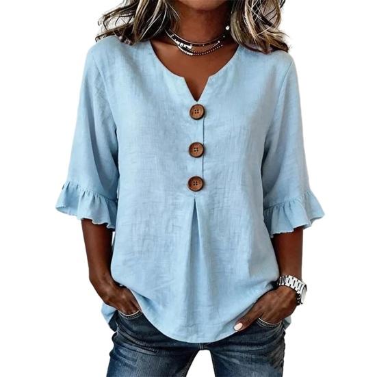 Women Shirt Stand-Up Decor Half Cuffs Pullover Collar V-Neck Buttons Sleeve Ruffle Tops S небесно-голубой