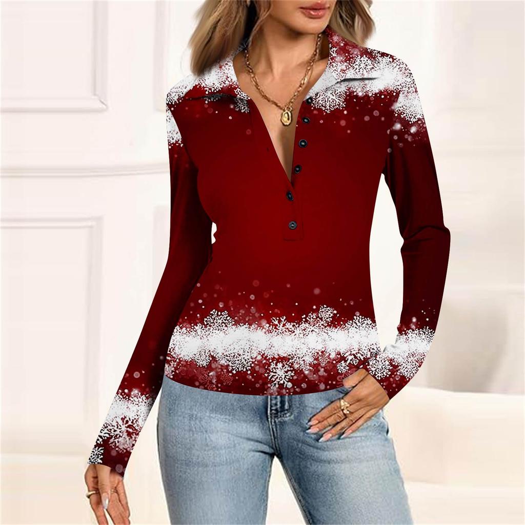 Damenmode Lässig Bedrucktes V-Ausschnitt Langarm Knopfleiste Oberteil