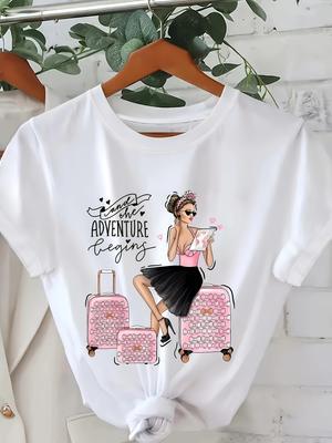Taglia Europea T-shirt da Donna Girocollo alla Moda con Stampa di Lettere e Cartoni Animati | Design Semplice, Comoda e Traspirante