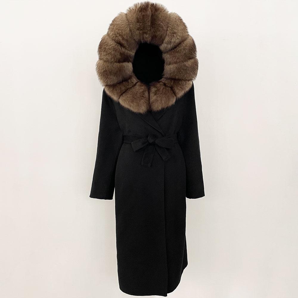 OFTBUY Winter Women Coat Real Natural Fox Fur Hooded Detachable Collar Double-faced Woolen Jacket Long Casual Elegant Overwears
