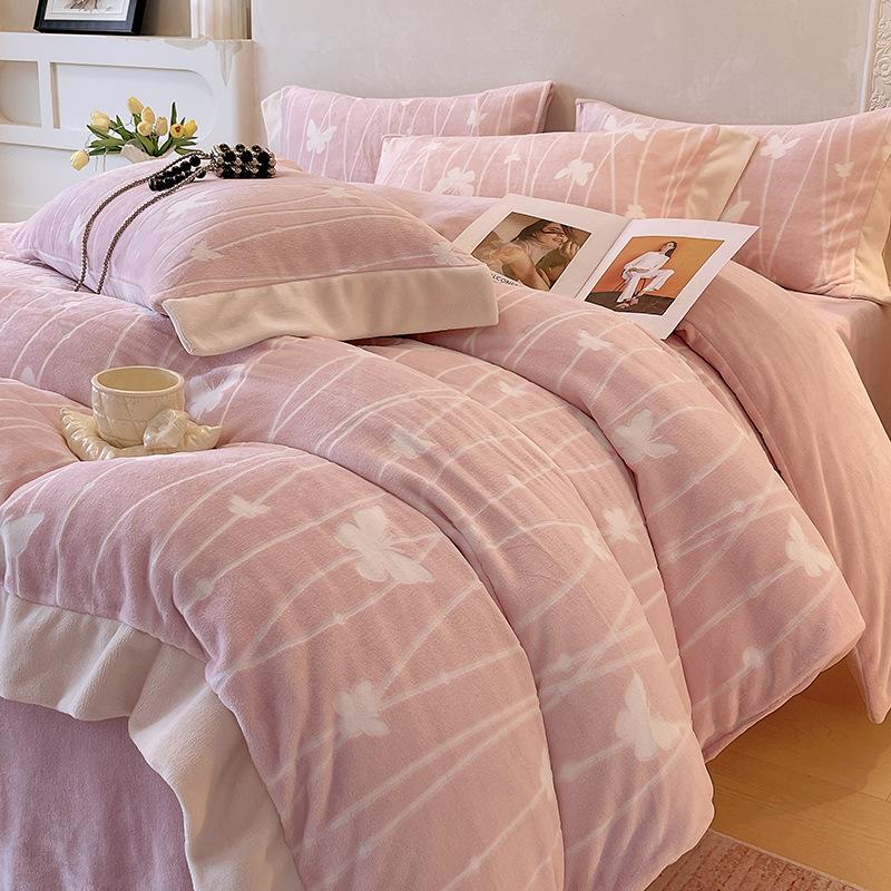 Thickened Milk Fleece Four-Piece Korean Carved Coral Fleece Double-Sided Flannel Quilt Cover Bed Sheet Bedding