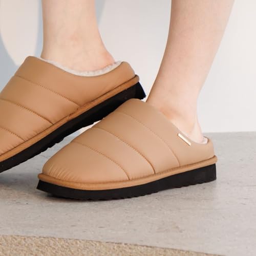 Warm Slip-on Down Sandals for Fall and Winter, HIMIKO Quilted Boa Clogs 640011, Beige, Size M