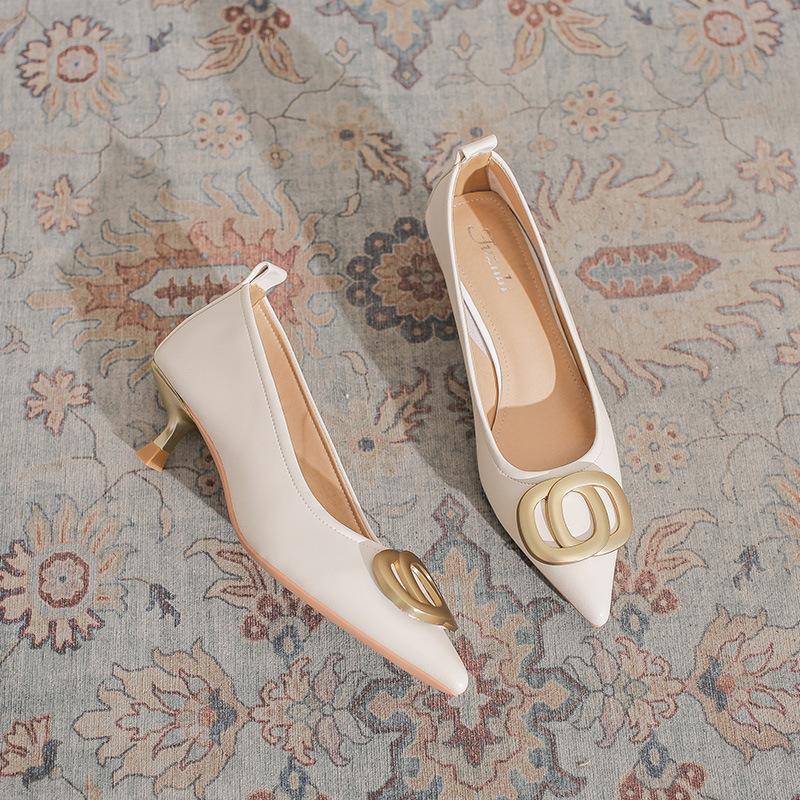 Pointed Stiletto High Heels Commuting Temperament Shallow Mouth French Metal Buckle Spring 2025 New Fashion Single Shoes Women