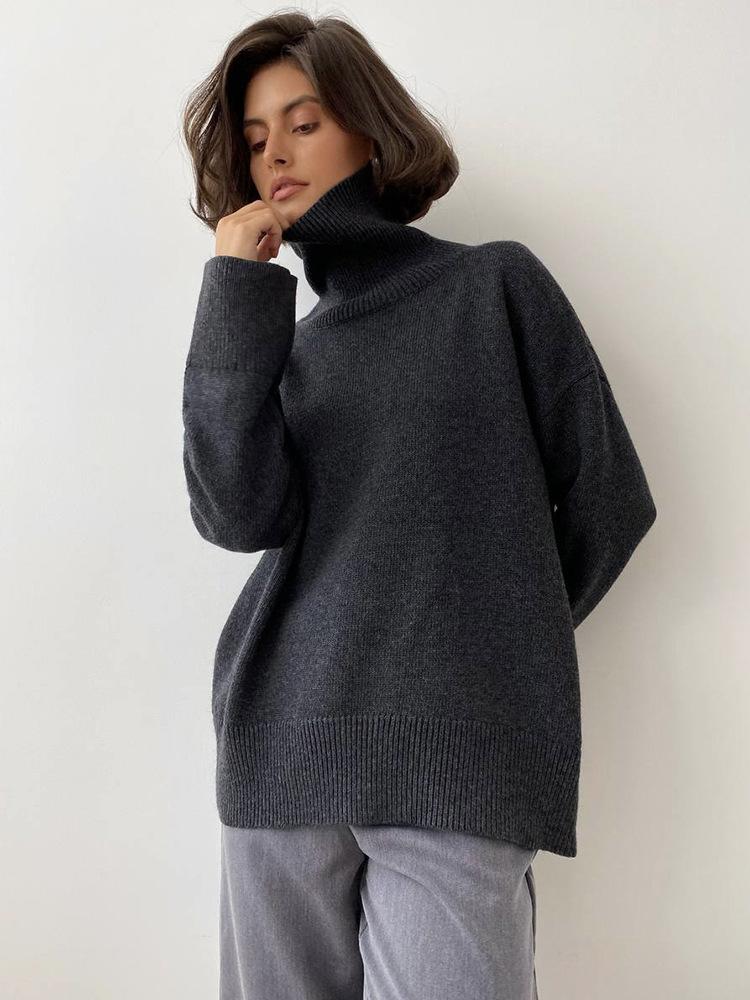 Russia Hot Sale Solid Color Women's Knitted Pullover Turtleneck Loose 066