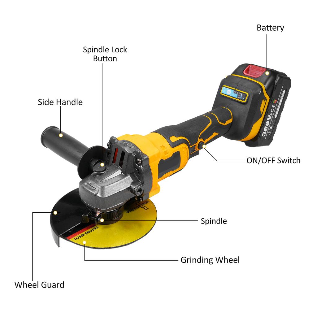 Angle Grinder Tool Cordless Angle Grinder 18V 10000RPM Powerful Brushless Motor Battery Grinder Tool for Cutting Polishing with Auxiliary Handle