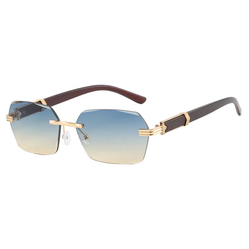 Trendige rahmenlose unregelmäßige quadratische Sonnenbrille mit kleinen Holzmaserbeinen