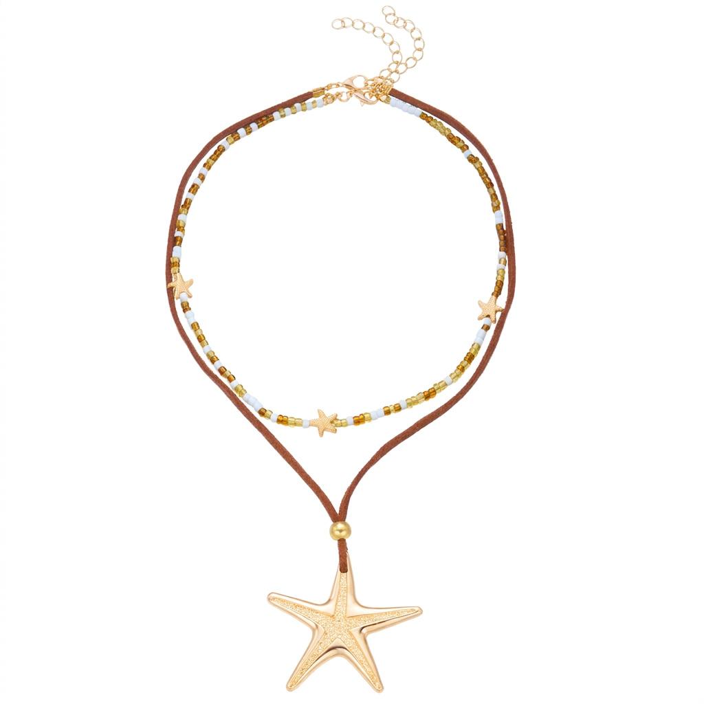 Bohemian Starfish Pendant Necklace for Women Exaggerated Sea Star Rice Beaded Chain Beach Party Fashion Jewelry Gift