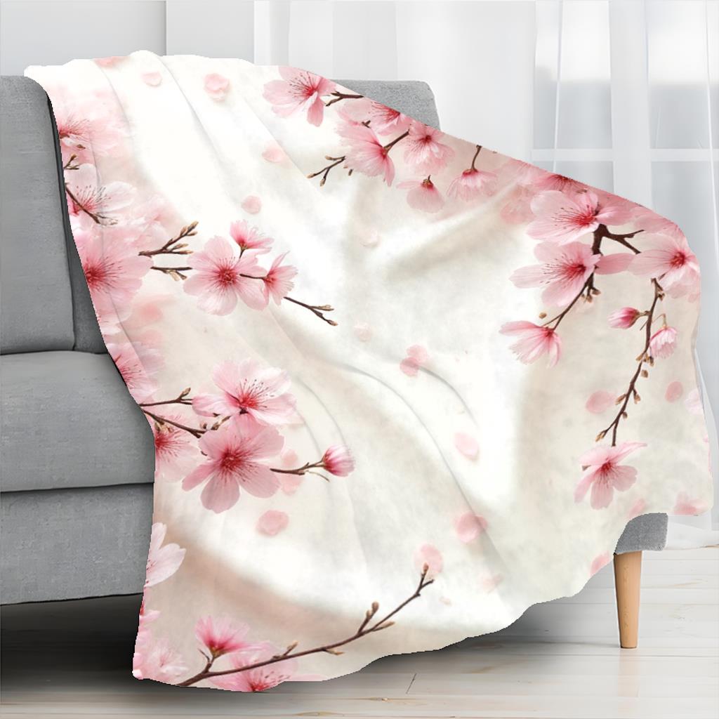 Coperta Fior di Ciliegio Fiori di Sakura Rosa su Sfondo Bianco Morbido Pile Plaid Accogliente Decorazione per la Casa Regalo per la Primavera e gli Appassionati del Giappone