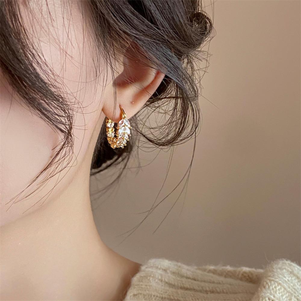 Korean Luxury Gold Color Sparkling Zircon Ear of Wheat Hoop Earrings for Women Wedding Party Daily Wear Exquisite Jewelry Gifts
