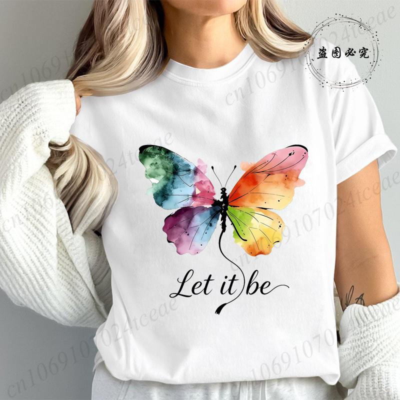 High Street T-Shirt Let It Be Rainbow Butterfly Print Shirt Fashion T-shirt Watercolor Butterfly Women Tee Summer Brand Tops