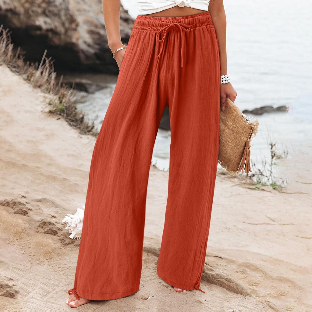 Women's 9-pant Casual Loose High Waist Cotton Linen Wide Leg Long Pants With Pockets