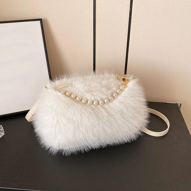 Yogodlns Winter Fashion Women's Faux Fur Shoulder Bags Candy Color Pearl Handle Crossbody Bag Small Fluffy Female Pillow Handbags