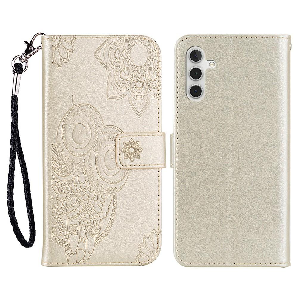 

For Samsung Galaxy S25 Case Owl Flower Imprinted Leather Cover Wallet with Strap Gold