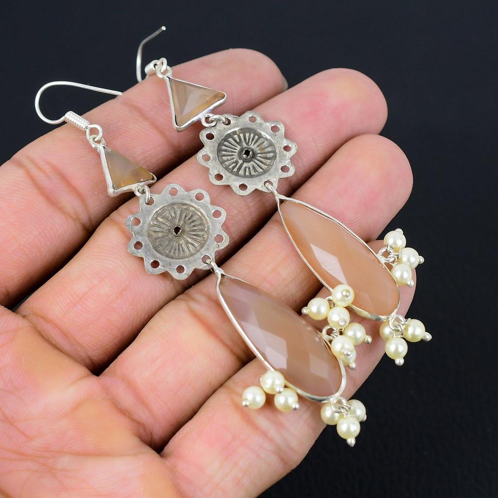 Pear Montana Agate Stone Sterling Silver Sister Drop Dangle Handmade Earrings