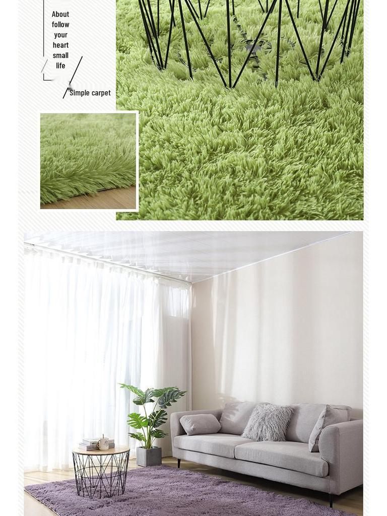 Long Pile Silk Wool Carpet - Full Coverage Bedroom and Living Room Rug, Solid Color