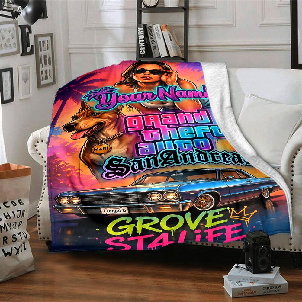 Grand Theft Auto Personalized Text Blanket Cozy Customizable Blanket Soft Warm Cozy for Living Room Couch Livingroom Office Chair for All Occasions