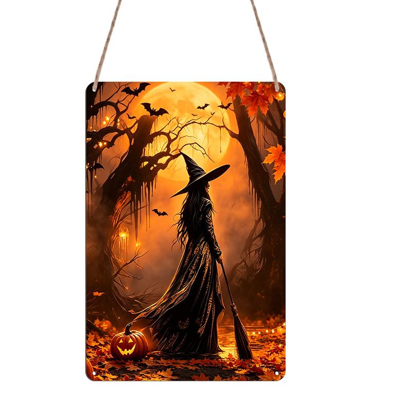 2D Flat, 1pc Gothic Witch Broomstick Black Crow Aluminum Halloween Sign, Halloween Wall Decor for Haunted House, Party, Home, Bathroom - Spooky 20*30cm