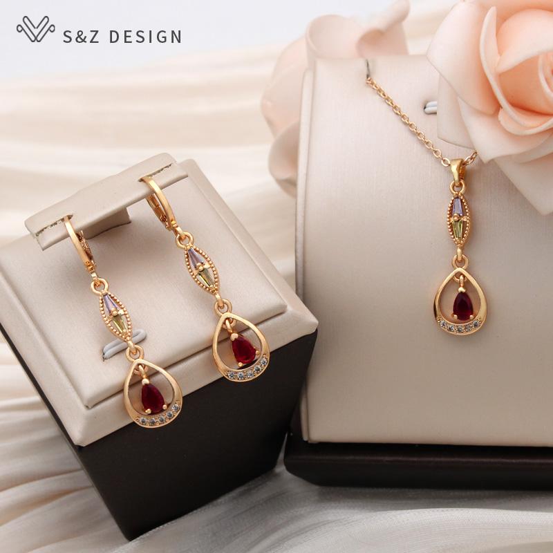 

Модные золотые серьги-подвески с кубическим цирконием и каплями воды, комплекты ювелирных изделий для женщин, ожерелье с подвеской, аксессуары