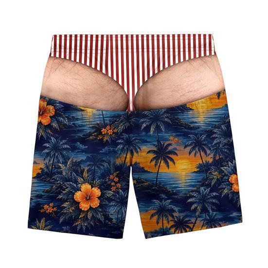 Activewear for Water Sports Men Hairy Booty Shorts, 3D Butt Print Beach Elastic Waist Board Shorts Funny Patriotic Swim Trunks Summer Vacation