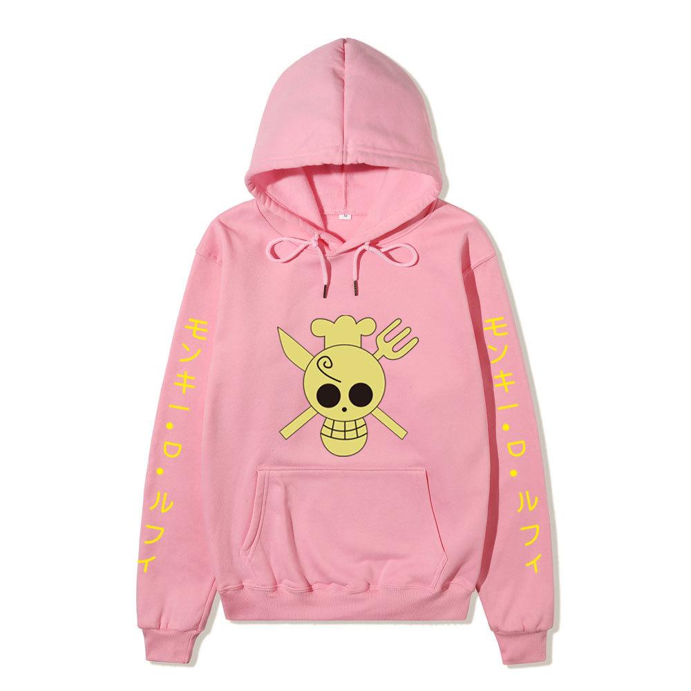 One Piece Sanji Hoodie, Chef Pirate Skull Logo Japanese Letter Sleeve Print Pullover Sweatshirt Unisex Streetwear