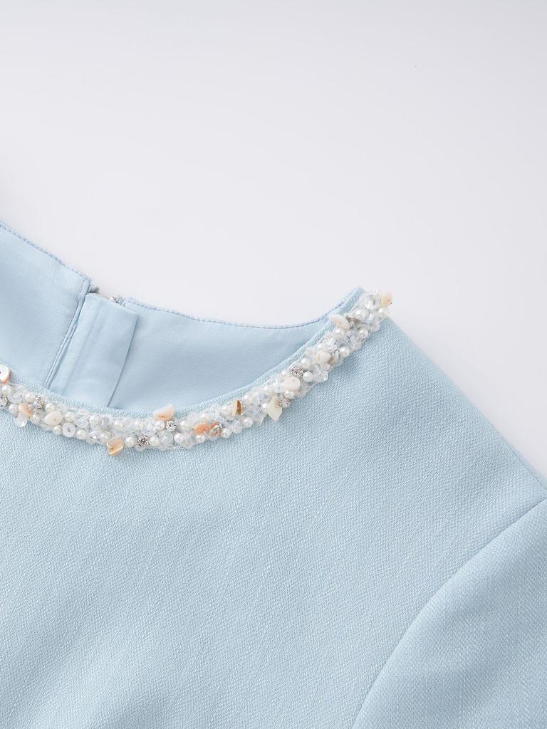 Diamond-Embellished Waist-Defining Linen Blend Dress - French Chic Women's Summer Style