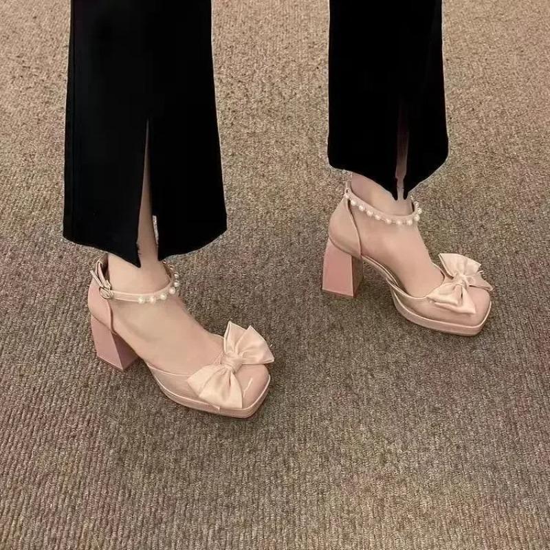 Fashionable French Style Women's Flats Solid Color 2025 New Arrival Bow Design High Heel Sandals Skirt Summer Accessory