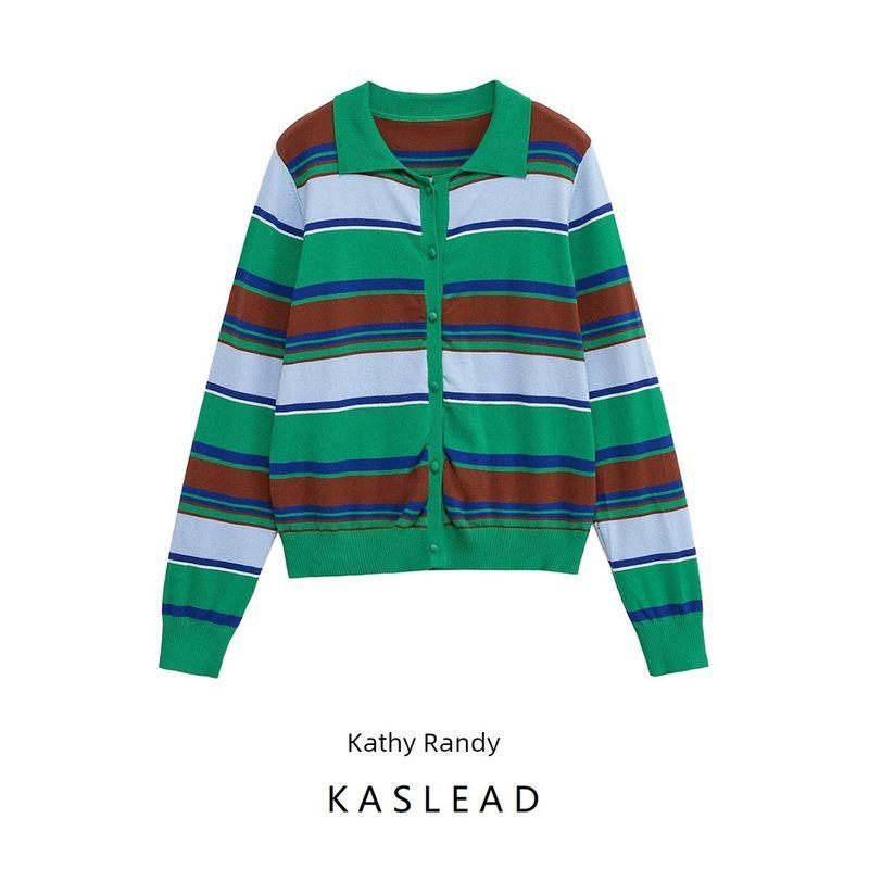 Kaslead New Women Clothes Western Style Fashion Simple Striped Knitted Long Sleeve Cardigan 0014007