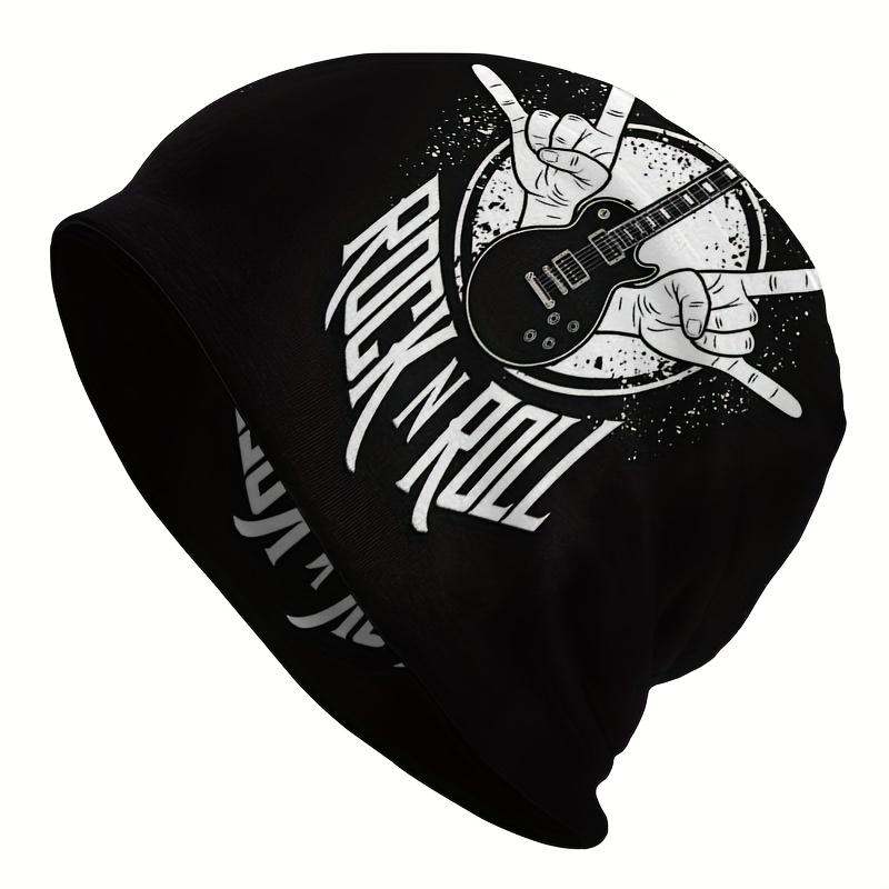 A Men'S Street Style Music-Themed Knitted Hat - Featuring a Unique Black And White Rock Guitar And Gesture Design, Made from Durable Knitted Fabric, C