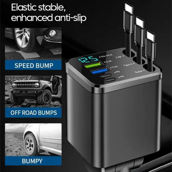 7-in-1 Retractable Car Charger Fast Charging Car Adapter with Digital Display 2 USB Ports 2 Type-C Ports 3 Cables Power Supply for Multiple Devices