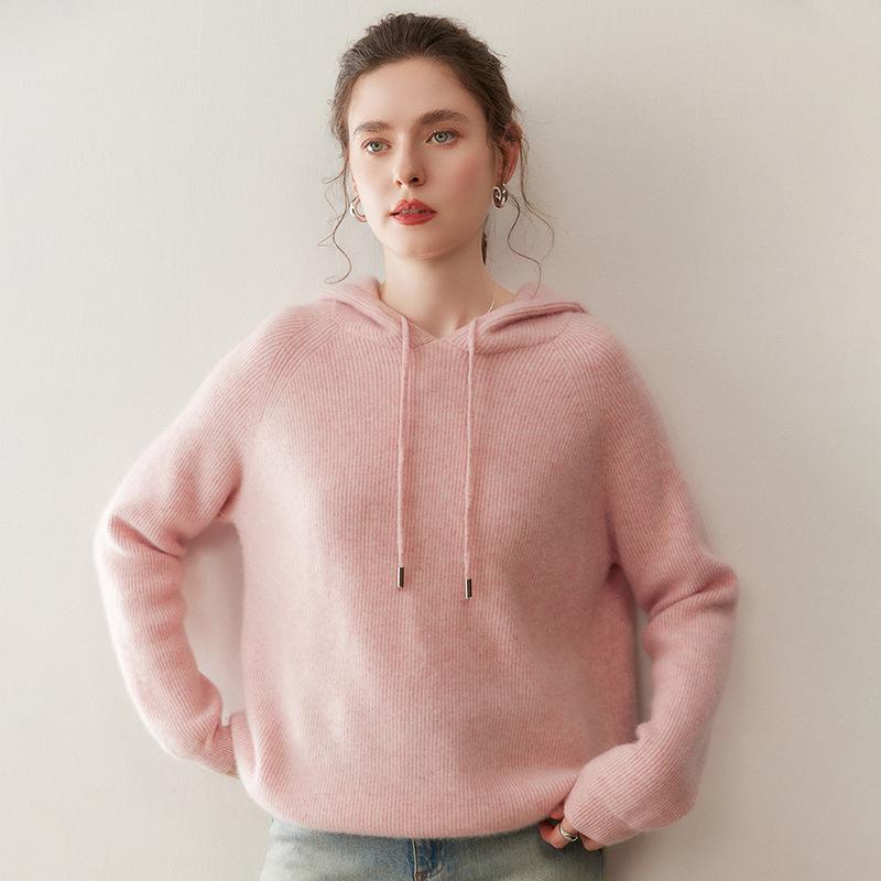 Women's Cashmere Drawstring Hoodie: Autumn & Winter Long Sleeve Knit Sweatshirt