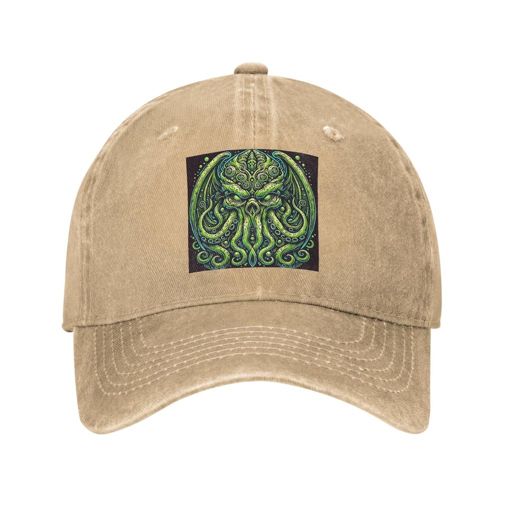 Zelený chobotnice Cthulhu s chapadly a zuby Opraná džínová čepice Ležérní baseballové čepice Nastavitelný klobouk Letní Unisex baseballové čepice