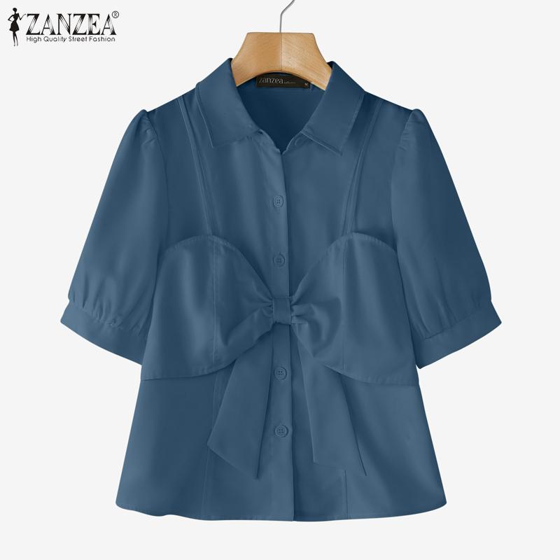ZANZEA Women Turn Down Collar Summer Short Sleeve Blouse