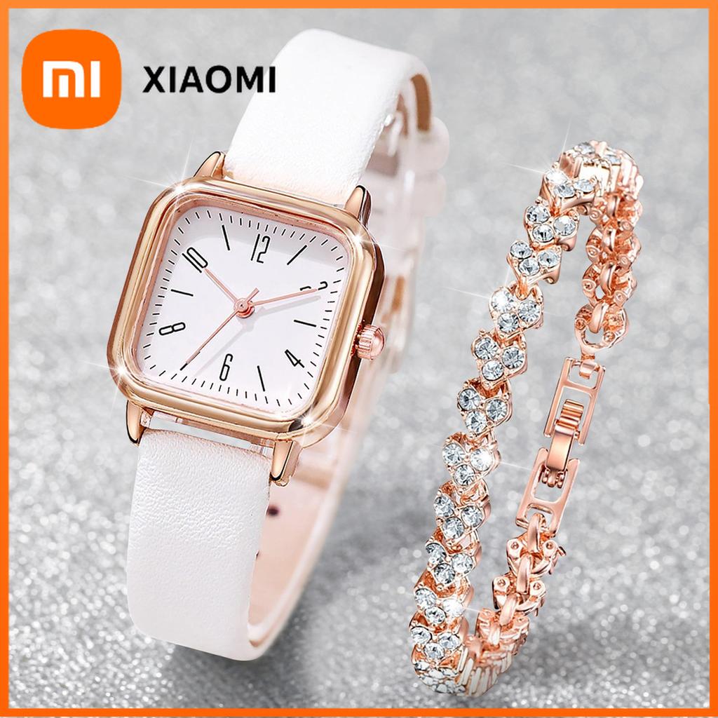 Xiaomi 2PCS/Set Fashion Square Women Watches Casual Leather Strap Quartz Watch Rhinestone Bracelet Set