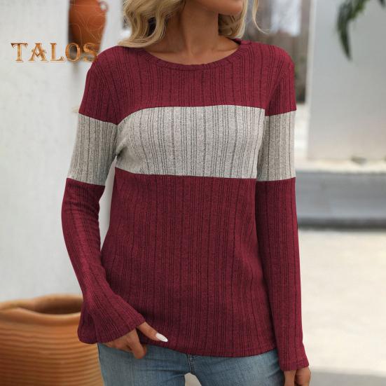 Dámské topy s kulatým výstřihem, dlouhým rukávem, barevný blok, žebrované pletací topy, volný střih, ležérní, svetrové topy, denní nošení
