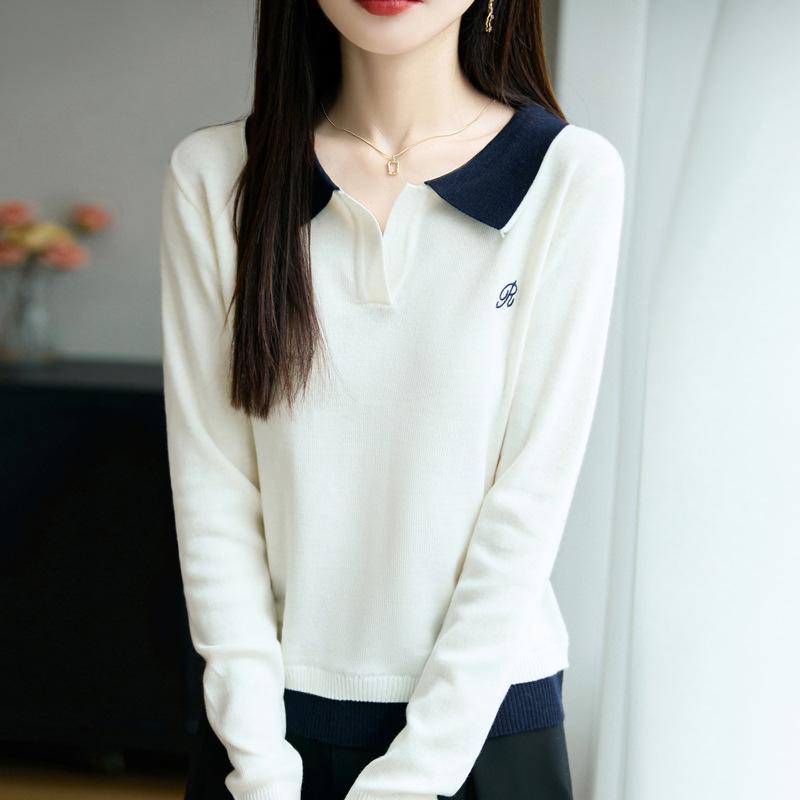Autumn Colorblock POLO Collar Sweater: Women's Pullover Knitwear for Fall/Winter