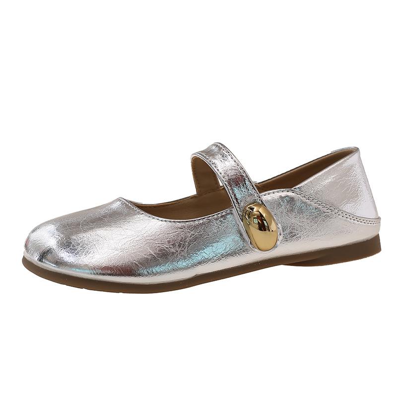 French flat bottom light mouth single shoes women's 2025 new spring and summer with skirt Doudou shoes Mary Jane silver small leather shoes