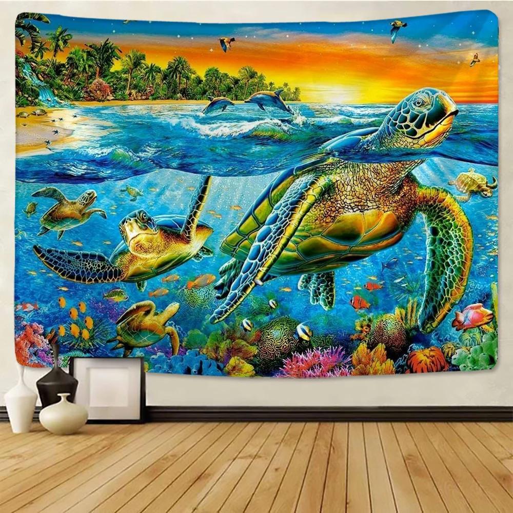 Beautiful Rainbow Big Turtle Dolphin Tapestry Wall Carpets Hanging Ocean Decorative Tapestry Boho Yoga Picnic Mat Beach Towel