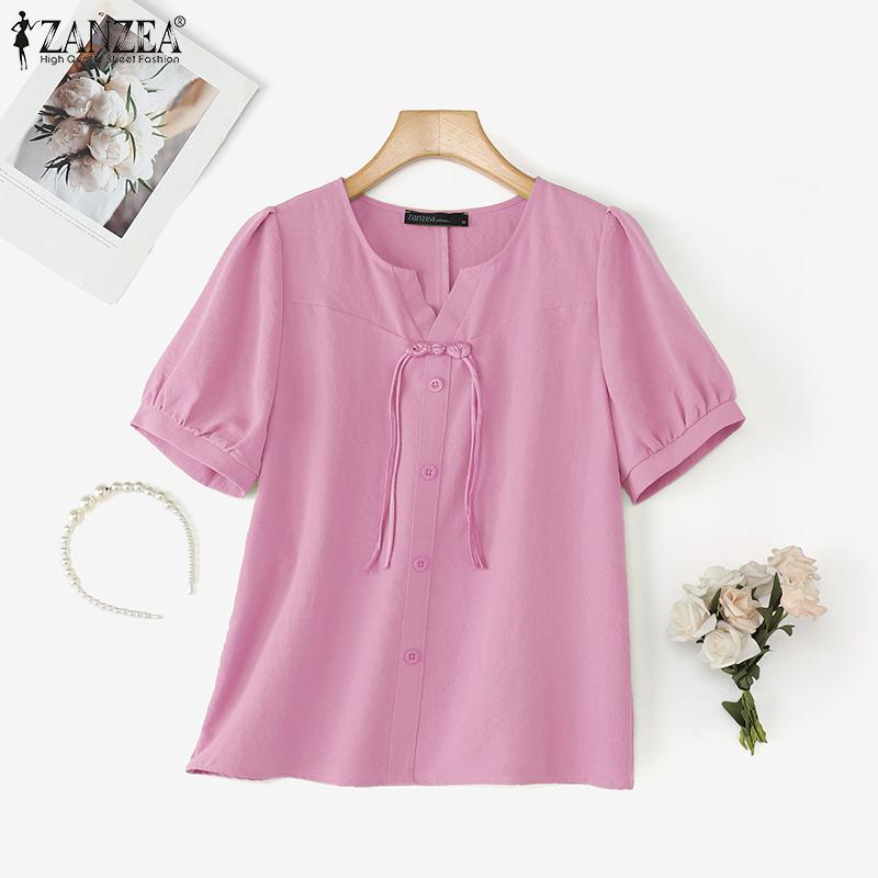

ZANZEA Women O-neck Puff Sleeve Solid Frog Buttons Casual Loose Blouse 5XL розовый